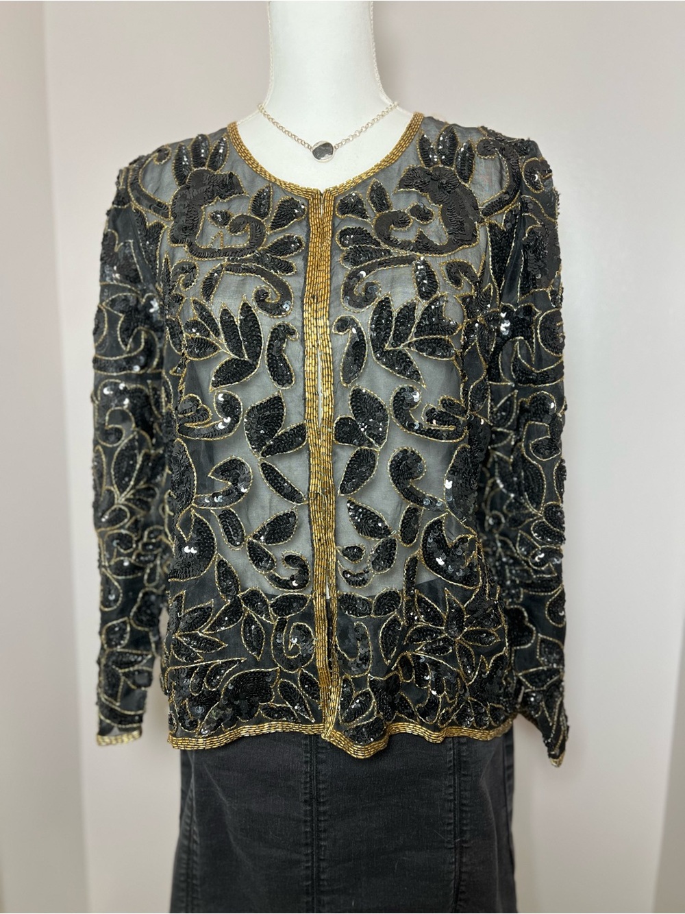 1980-90s Vintage 100% Silk Beaded Jacket Cardigan Dark Western Boho Glam ✨🖤